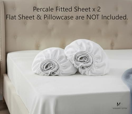 Mississippi Cotton Twin XL Fitted Sheets 2 Pack 100% Percale Cotton 600 Thread Count 16 Inch Deep Pocket 360° Elastic Fitted Sheet for Dorm Beds College Adjustable Beds Split Mattresses White 6