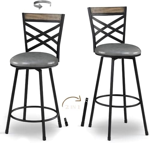 KATDANS New Grey Swivel Bar Stools Set of 2, Adjustable Seat Height Bar Stools, 24/29 Inches Counter Height Stools with Back Bar Height Stools for Kitchen Island, Pub,Bistro, Restaurant, KS516R-DG