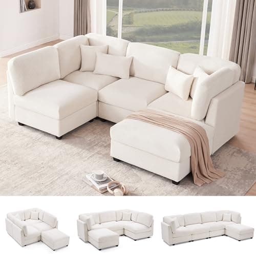 Huatean Home 125 Inch Oversized Corduroy Modular Sectional Sofa, U Shaped Modular Couch with Storage, 5 Seat Convertible Corduroy Couch, Comfy Sectional Couches for Living Room with Foam, Light Beige