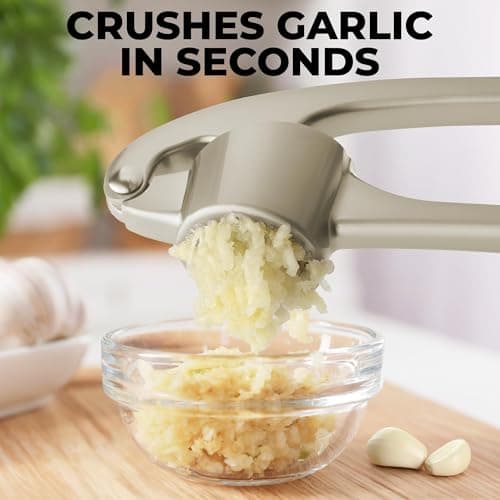 Zulay Kitchen Large Premium Garlic Press Set - Bigger Bowl for Bigger Garlic - Rust Proof Garlic Mincer Tool - Easy-Squeeze, Easy-Clean Silicone Garlic Peeler & Brush (Silver) 5