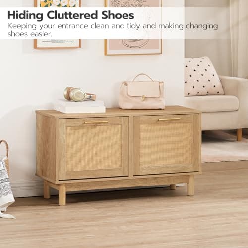 HOOBRO Shoe Storage Bench Entryway, Rattan-Like Shoe Bench with Flip Drawers, Narrow Shoe Rack Bench, Shoe Cabinet with Rattan Doors, Wooden Shoe Organizer for Entryway Hallway, Natural NL51HX01 5