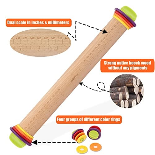 Mepple Rolling Pin with Thickness Rings for Baking,Fondant, Pizza, Pie Crust, Cookie, Pastry, Roller Rod for Dough Thickness, 13.6" Adjustable Wooden Rolling Pin with 4 Thickness Rings 6