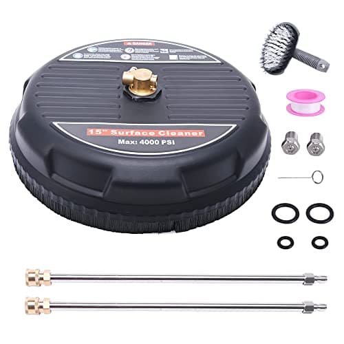 15" Pressure Washer Surface Cleaner, 15 Power Washer Attachment with 2 Extension Wands, 2 Replacememt Nozzles, 1/4" Quick Plug, for Driveways Sidewalks Patios Cleaning, Heavy Duty, Max 4000 PSI