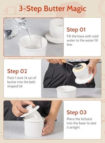 Sweese French Butter Dish - Butter Crock for Counter with Water Line for Fresh Spreadable Butter - French Butter Keeper with Lid - Housewarming Gift For The One Who Has It All - White 6