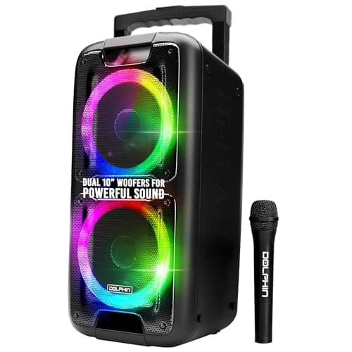 Party Speaker Dolphin Bluetooth SP-2100RBT-G - 10” Dual Woofers, Strong X-Bass, Sound-Activated LED, TWS, Extended Battery Life - Huge Bluetooth Party Speaker for Indoor & Outdoor Use - Black