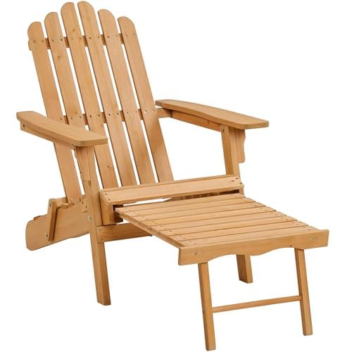 Yaheetech Folding Adirondack Chair with Retractable Ottoman Weight Capacity 300lb Solid Wood Garden Chair, Fire Pit Lounge Chairs Weather Resistant Furniture for Garden/Yard/Patio/Lawn, Brown