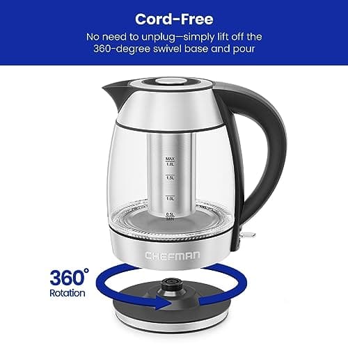 Chefman Glass Electric Kettle for Boiling Water, 1.8L 1500W, with Tea Infuser, Keep Warm Function, Auto Shut Off, Boil-Dry Protection, BPA Free, Hot Water Boiler, Electric Tea Kettle - Stainless Steel 8