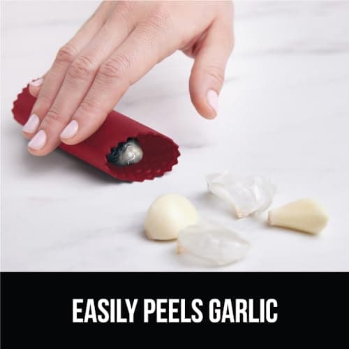GORILLA GRIP Garlic Press and Peel Set, Heavy Duty Mincer Tool, Large Ergonomic Handle, Easily Mince and Crush Garlics, Ginger, Nuts, Seeds, Peeler Included, Peeling Cloves, Kitchen Gadgets, Red 7