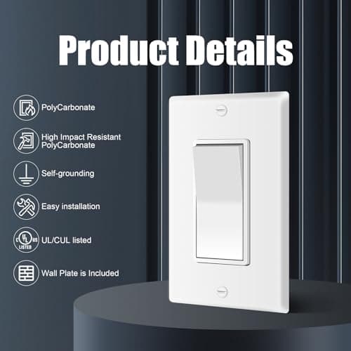 ThunderWay 3 Way Decorator Light Switch with Wall Plates, 15A 120/277V Decora Three Way Electrical Wall Paddle Rocker Switches Replacement, Residential Grade, UL Listed, Glossy White(10 Pack) 3