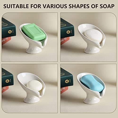 Soap Dish, Self Draining Bar Soap Holder for Bathroom Sink, Leaf-Shaped Drainage Ceramic Cream White Porcelain Decorative Soap Dish, ANTIS'S HOME 6