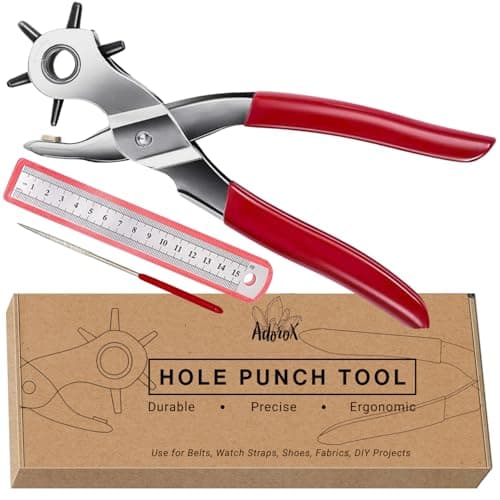 Adorox Heavy Duty Belt Hole Puncher for Leather – 6 Size Revolving Leather Hole Punch Tool with Ruler & Deburring File, Perfect for Straps, Belts, DIY Leathercraft, and Repair