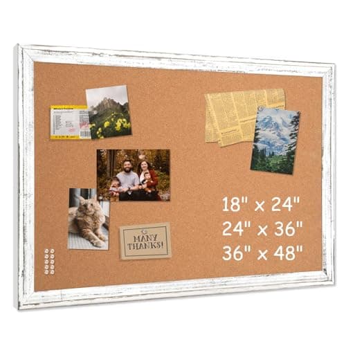 Cork Board Bulletin Board - 4 THOUGHT 24 x 18 Inches Cork Notice Pin Board Memo Board with Vintage Style White Wooden Frame for Display and Organize Home, Office and Kitchen, 10 Push Pins