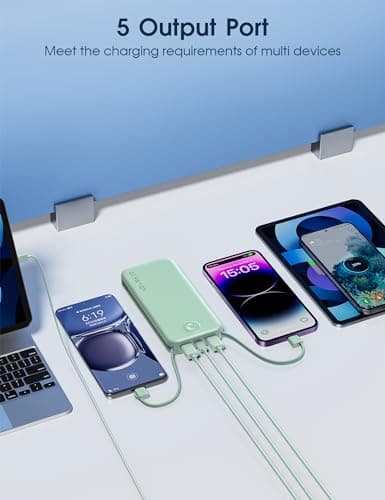 Nusyddy Portable Charger, 12000mAh 22.5W Fast Charging Power Bank with Built-in Cables & Wall Plug, Travel Essentials External Battery Pack, USB C Battery Phone Charger for iPhone, iPad, Samsung Green 7