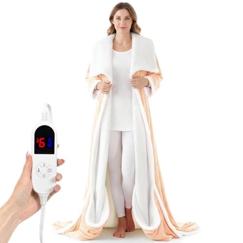 DAILYLIFE Wearable Heated Blanket with Foot Pocket, 52"x72" Electric Blanket with Sleeves for 6 Heat Settings, 12 Hours Timer, Flannel & Sherpa, Tan
