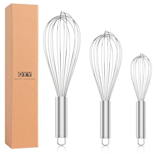 OYV 304 Stainless Steel Whisk Set, Dishwasher Safe Rustproof Metal Whisk, Professional Balloon Wire Whisks for Kitchen Cooking, Perfect For Blending, Whisking, Baking, Beating, 3 Packs (8" 10" 12")