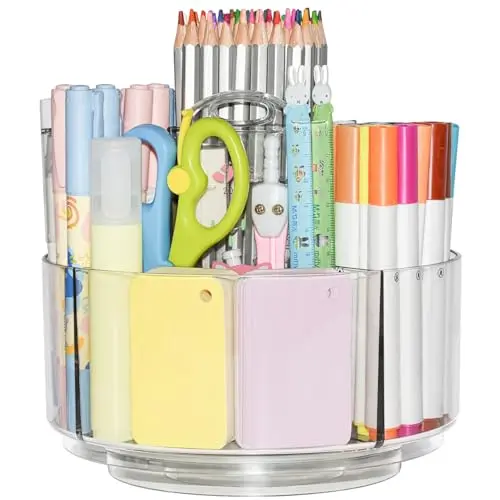 JIKIOU Acrylic Pen Holder, 360-Degree Rotating Pen Holder for Desk, Clear Desk Organizers and Accessories with 5 Compartments Pencil Organizer, Art Supply Storage Box Caddy for Office, Home