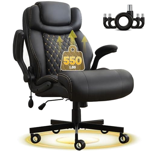 550LBS Big and Tall Office Chair, Comfy Heavy Duty Executive Chair with Adjustable Lumbar Support Double Spaces Casters, PU Leather Extra Wide Seat Ergonomic Computer Desk Chair for Back Pain, Black