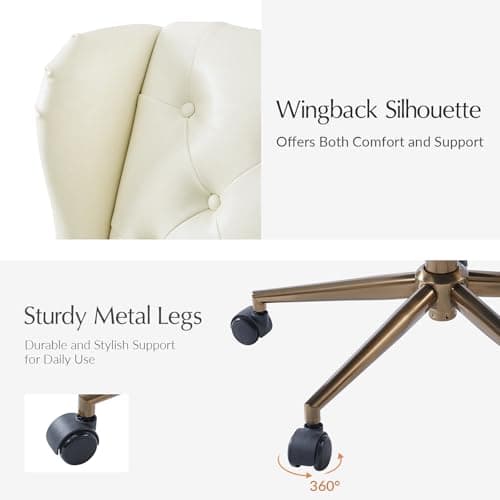 HULALA HOME Modern Faux Leather Desk Chair with Button Tufted Wingback, Adjustable Swivel Computer Chair with Nailhead Trim, Upholstered Task Chair for Home Office, Ivory 6