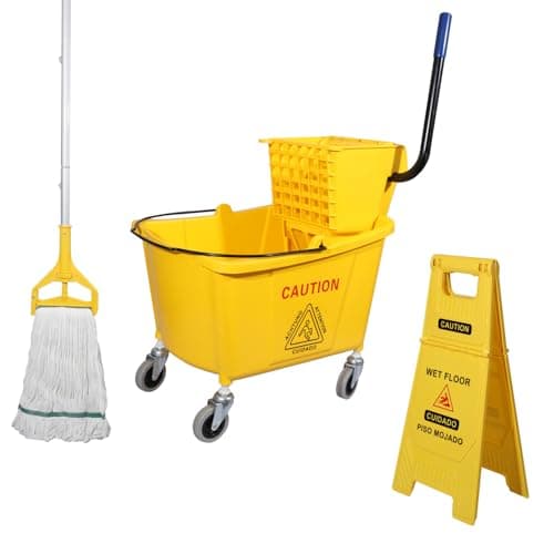 Midoneat Side Press Wringer Combo Commercial Mop Bucket on Wheels, 35 Quart,Yellow, Including Wet Floor Caution Sign（24Inch） and One Industrail Mop