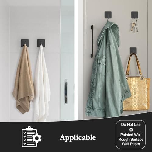 Docrok 6 Pack Stainless Steel Heavy Duty Adhesive Towel Hooks for Bathrooms, Kitchen Towel Hooks, Waterproof Bathroom Hooks for Towels, Wall Hooks for Hanging, Adhesive Shower Coat Hook, Black 7