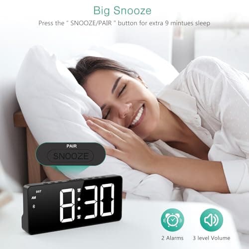 ORIA Digital Alarm Clock, LED Bedroom Clock with Bluetooth Sync Time, Auto Sync Time Alarm Clock, Adjustable Volume Brightness, Snooze, Rechargeable Large Display for Home Living Room 5