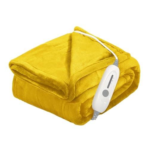 JIAMEIDING Heated Electric Blanket Throw 50" x 60" with 3 Heating Levels, 4 Hour Auto Off, Fast Heating,2 Sided Flannel with ETL&FCC Certification and Machine Washable, Home Office Travel Use,Yellow