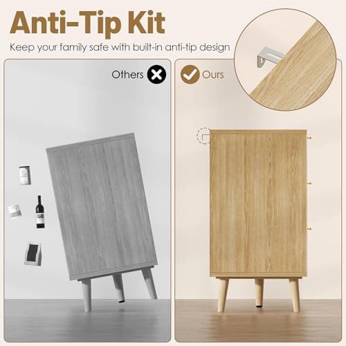 Rovaurx Rattan 6 Drawer Double Dresser for Bedroom, 47.2" Wide Boho Chest of Drawers, Modern Wooden Dresser Chest with Golden Handles, Beside Table for Closet, Living Room and Entryway, Natural Oak 10