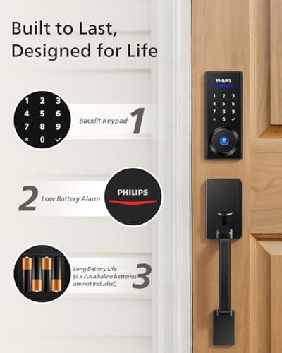 Philips Wi-Fi Smart Lock with Handle, Keyless Entry Keypad Door Lock with Handle, Front Door Deadbolt Set with WiFi Gateway, App Control, Fingerprint Unlock, PIN Code Unlock, Auto Locking 8