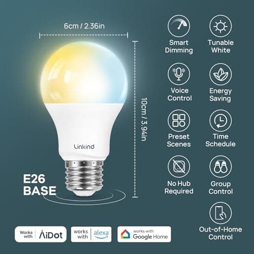 Linkind Smart Light Bulbs, Warm White to Daylight (2700K-6500K), Alexa Light Bulbs, Work with Alexa & Google Home, 60W Equivalent, Efficient 8.5W, 2.4G WiFi Bluetooth LED CRI>90, A19 E26 800LM, 4Pack 6
