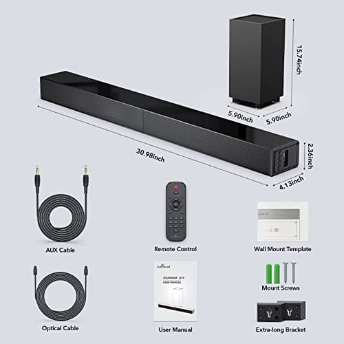 LARKSOUND 2.1 Sound Bar with Subwoofer, Soundbar for TV, Surround Sound System with Bluetooth/HDMI ARC/Optical/AUX/USB, 31 Inch 7