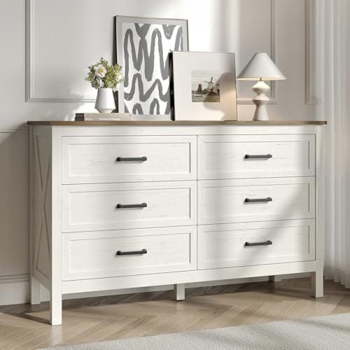 BAZELOR Farmhouse 6 Drawers Dresser for Bedroom, Modern Dresser with Metal Handle, Natural Texture, Wood Rustic Chest of Drawers for Bedroom, Living Room, Hallway and Entryway, Antique White