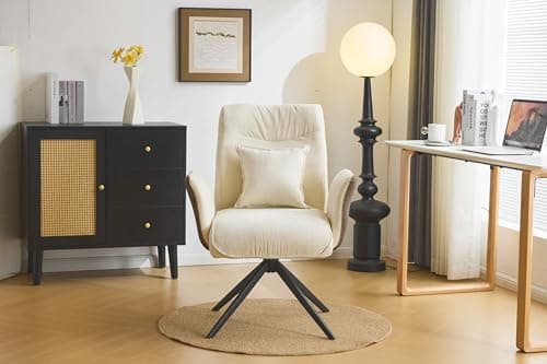 VINGLI Beige Chenille Office Desk Chair No Wheels,Comfy Modern Swivel Chair with Back&Lumbar Pillow&Padded Arm,for Home,Makeup Vanity,Computer,Task,Nail Tech,Sewing,Dining,Bedroom,Living Room