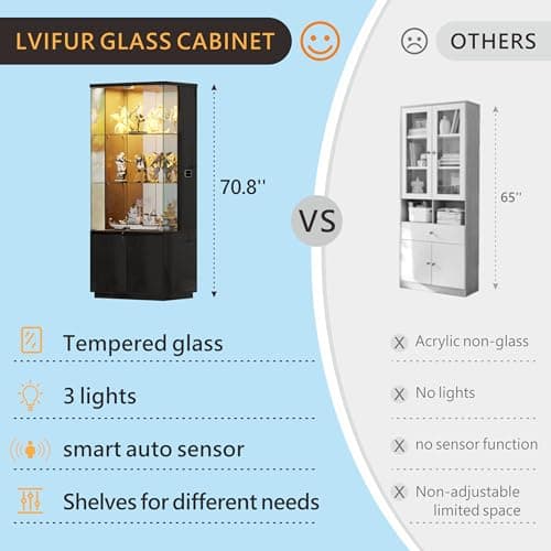 Lvifur 71” Glass Display Cabinet with Lights, Modern Curio Cabinet Display Cases for Collectibles, Locking Cabinet with Shelves & Drawers, Tall Bookcase with Human Body Sensor for Living Room (Black) 6