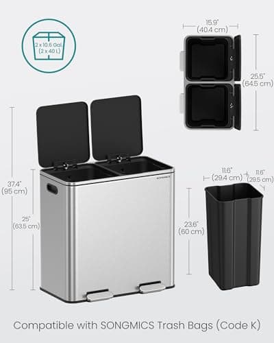 SONGMICS Trash Can, 2 x 10.6 Gallon (2 x 40 L) Garbage Can for Kitchen, with 15 Trash Bags, 2 Compartments, Plastic Inner Buckets and Hinged Lids, Airtight, Silver and Black ULTB730E80 7