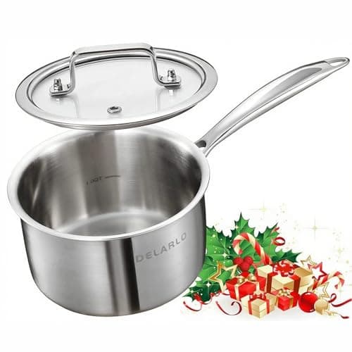 DELARLO Stainless Steel Small Brushed Saucepan With Lid, Induction Cooking Sauce Pot Pan, Full-body Clad Tri-Ply Heavy Duty Saucier Cookware, Dishwasher Safe & Oven Safe(2 Quart)