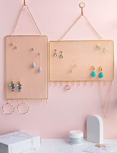 Heesch 2 Pack Earring Holder Wall Mounted Hanging Jewelry Organizer Display Decorative Metal Diamond Shape with Hooks for Necklaces Bracelets (Gold) 8