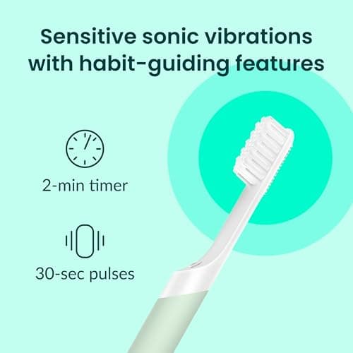 Quip Sonic Electric Toothbrush for Adults - Time Travel & Soft Bristles with Travel Case & Replacement Brush Head - 3 Month Battery Life, Plastic Handle - Sage 3