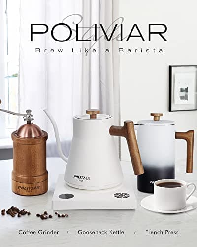 POLIVIAR Electric Gooseneck Kettle, 1200W Electric Tea Kettle Real Wood Handle, 34oz Pour Over Electric Kettle for Coffee & Tea, 18/8 Stainless Steel Inner, Temperature Control & Rapid Heating 8