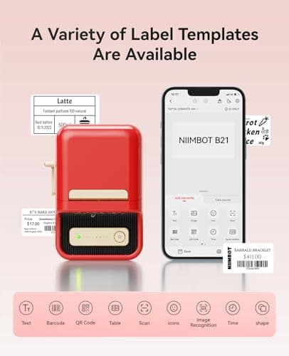 NIIMBOT B21 Label Maker, 2 Inch Portable Thermal Label Printer, Label Maker Machine with Tape, Compatible with Android, iOS & PC,Labeling for Home Storage Office and Small Business,Red 7