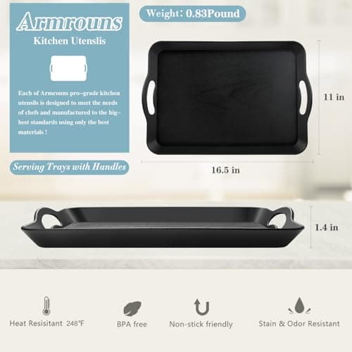 Armrouns Black Serving Trays with Handles, 16 x 11 inch Rectangular Non Skid Multi-Purpose Plastic OttomanTray for Restaurant, Parties, Coffee Table, Kitchen 6