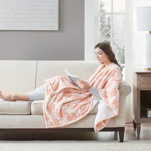 Degrees of Comfort Heated Sherpa Wrap Shawl, Cozy Winter Electric Blanket Throw, for Grandma Mom Women, Washable, Auto Shut-Off, Reversible 50 x 64 Inch, Blush Lattice 6