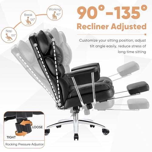 Sweetcrispy Executive Home Office Desk Chair - Ergonomic Big Tall High Back with Footrest & Lumbar Support, Reclining Height Adjustable, Comfy PU Leather Computer Gaming with Swivel Wheels, Black 5