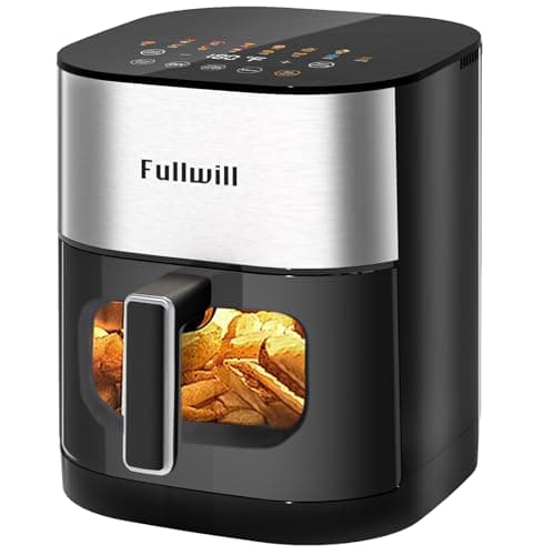 Fullwill Vision Pro 6QT Air Fryer with Large Square Viewing Window,Base and Upper Heating,12 Presets for Chicken Wings,Steak,Fries,Pizza and More,Non-Stick and PFOA-Free,Fast and Oil Free Cooking
