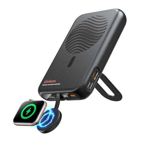 Galeces Magnetic Portable Charger,10000mAh Foldable Wireless Power Bank for iPhone and Apple Watch,PD 20W Fast Charging Battery Pack with Stand,Compatible for iPhone12~16 Series iWatch (Jet Black)