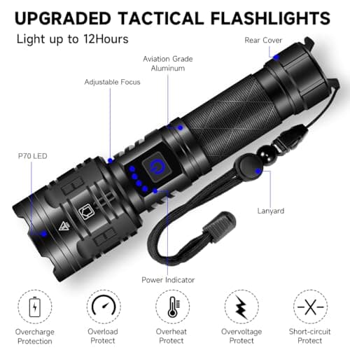 Rechargeable Flashlights High Lumens, Powerful Tactical Flashlights, 5 Modes LED Flashlight Adjustable, Brightest Flashlight Waterproof, Handheld Flash Light for Emergencies, Home, Camping, Hiking 5
