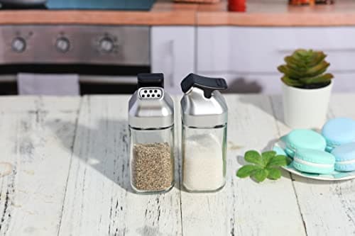 J&M DESIGN Glass Salt and Pepper Shakers Set with Moisture Free Plastic Flip Lid for Kitchen Countertop or Travel Spice Seasoning Use - Set Of 2 Refillable Bottle Dispenser Container Shaker 5