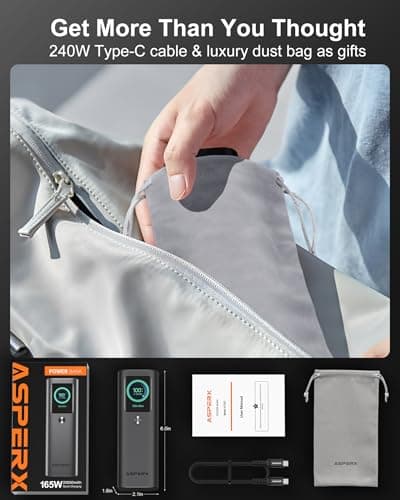 AsperX Laptop Power Bank, 165W 20,000mAh, Retractable Cables, Aluminum Alloy Unibody Portable Charger Power Bank, Battery Bank for MacBook Pro/Air/iPhone 17/iPad Pro/S25 Ultra/Dell/HP(TSA-Approved) 9