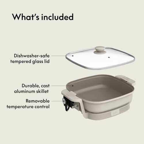 bella Make & Take Electric Skillet, Fits-anywhere™ kitchenware, EverGood™ Ceramic Coating, Adjustable Temperature & Dishwasher-Safe Tempered Glass Lid, Cast Aluminum Base, 1200 Watt, Oatmilk 6