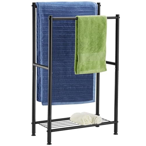 Free Standing Towel Rack, 2 Tier Towel Racks for Bathroom with Storage Shelves, Outdoor Standing Towel Drying Rack for Poolside, Black, DECLUTTR