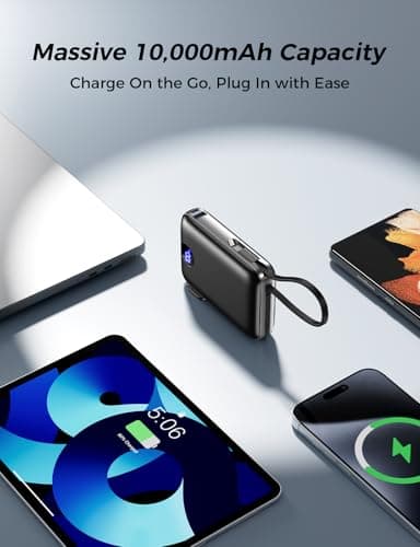 Portable Charger with Built in Cables & Wall Plug,10000mAh Power Bank, 4 Outputs,22.5W USB C Fast Charging,Slim Travel Essential Battery Pack with LED Display for iPhone 17/16/15/14 Seriesm,Black 5